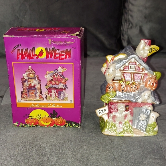 NIB TEA LIGHT HALLOWEEN CANDLE HOLDERS CERAMIC HAND-CRAFTED BUNDLE & CANDY BOWL - Picture 9 of 16